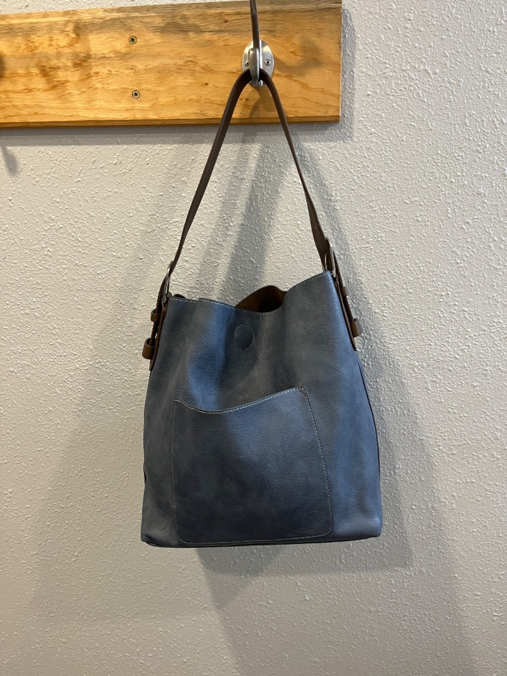 Blue Vegan Leather Hobo Bucket Bag Brown Trim